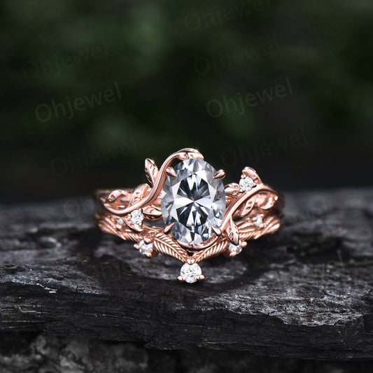 Unique oval gray Moissanite engagement ring set leaf nature inspired twig rose gold ring branch diamond promise wedding ring set women gift