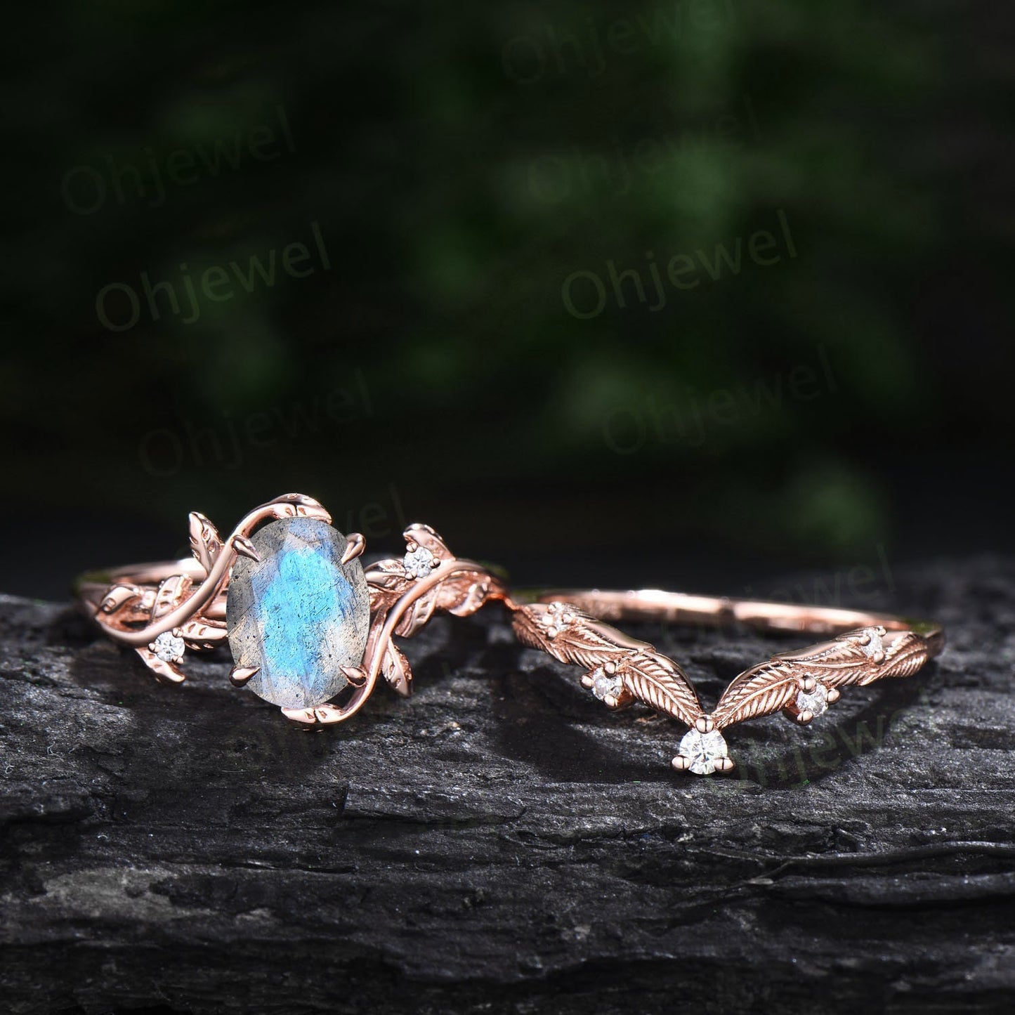 Oval cut blue labradorite ring twig leaf engagement ring set branch nature inspired rose gold ring vintage diamond bridal ring set for women