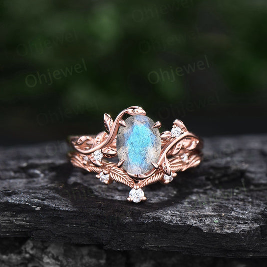 Oval cut blue labradorite ring twig leaf engagement ring set branch nature inspired rose gold ring vintage diamond bridal ring set for women