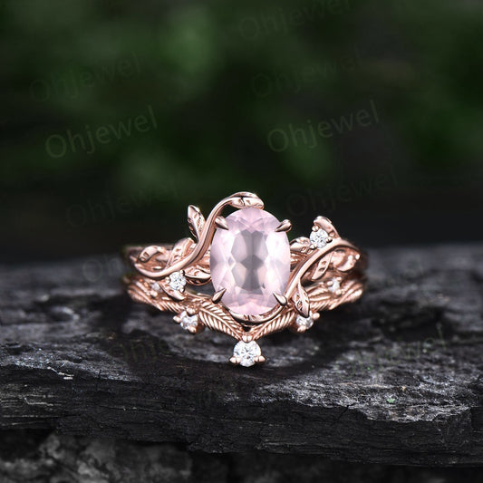 Twig oval rose quartz ring unique rose quartz engagement ring set leaf nature inspired rose gold crystal ring diamond wedding ring set women