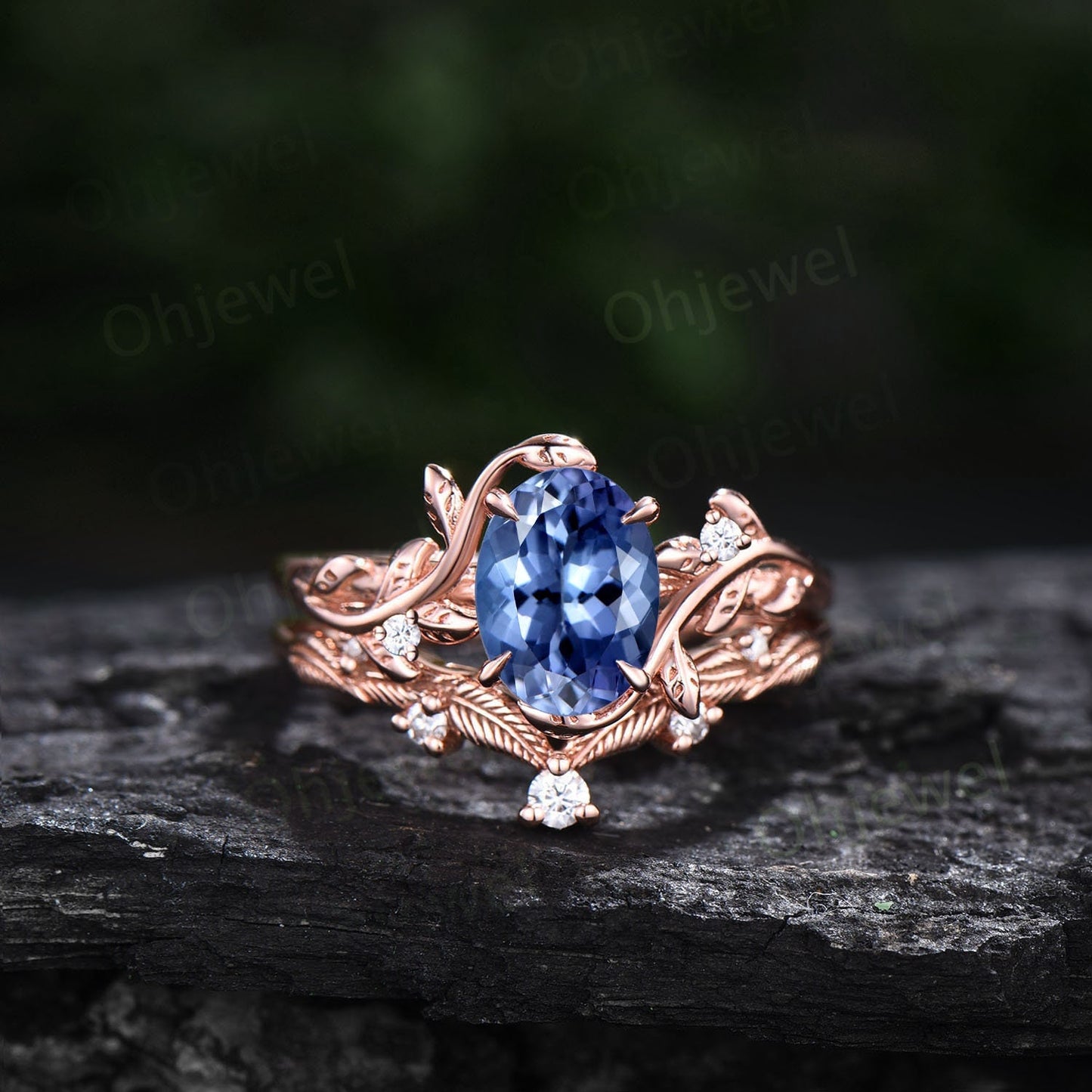 Unique oval cut Tanzanite engagement ring set leaf nature inspired twig rose gold ring branch diamond promise wedding ring set women gift