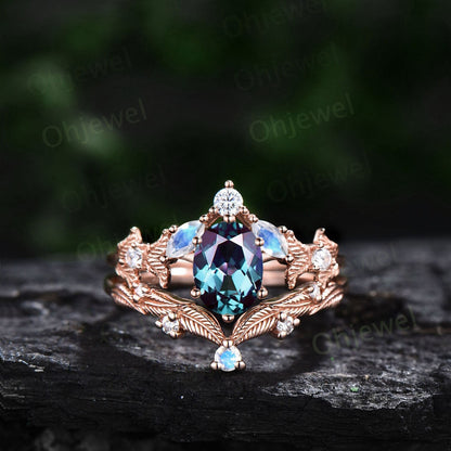 Moonstone Alexandrite ring vintage leaf twig engagement ring set nature inspired diamond ring unique branch wedding bridal ring set women