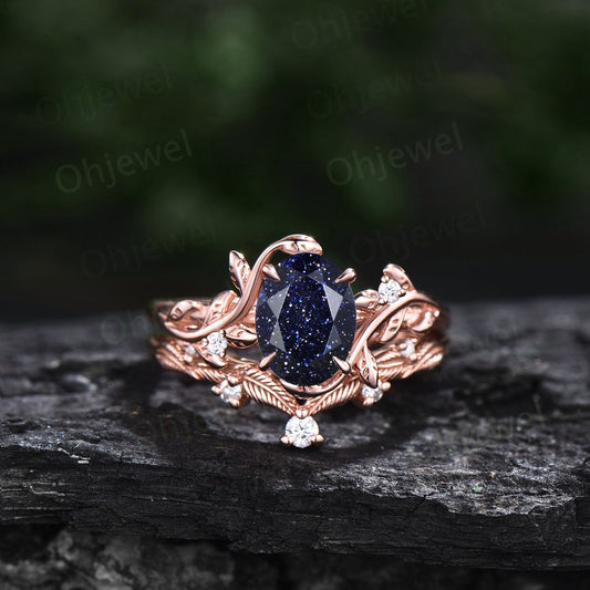 Oval cut blue sandstone ring twig leaf engagement ring set branch nature inspired rose gold ring vintage diamond bridal ring set for women