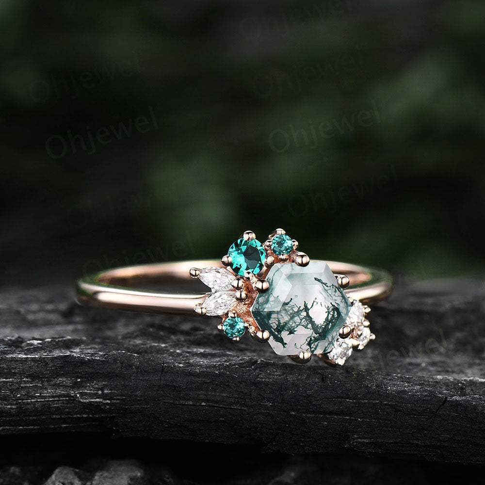 Hexagon cut green moss agate ring rose gold silver vintage unique engagement ring cluster emerald moissanite bridal wedding ring women gift