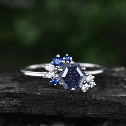 Hexagon cut blue sandstone ring rose gold silver for women vintage unique engagement ring dainty art deco sapphire moissanite wedding ring