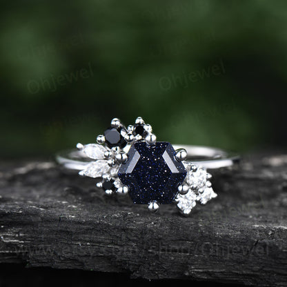 Hexagon cut blue sandstone ring rose gold silver for women vintage unique engagement ring dainty art deco sapphire moissanite wedding ring