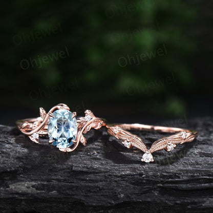 Twig oval cut aquamarine ring unique engagement ring set women leaf nature inspired 14k rose gold ring branch diamond wedding ring set gift