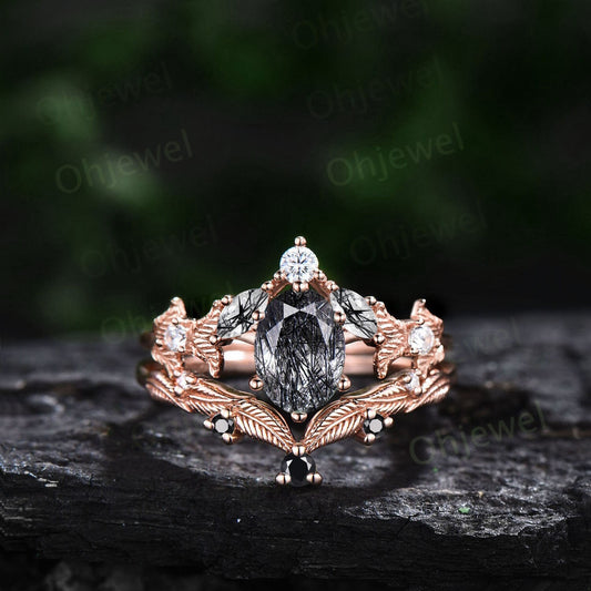 Twig oval cut black rutilated quartz engagement ring set rose gold branch leaf diamond ring art deco unique promise wedding ring set women
