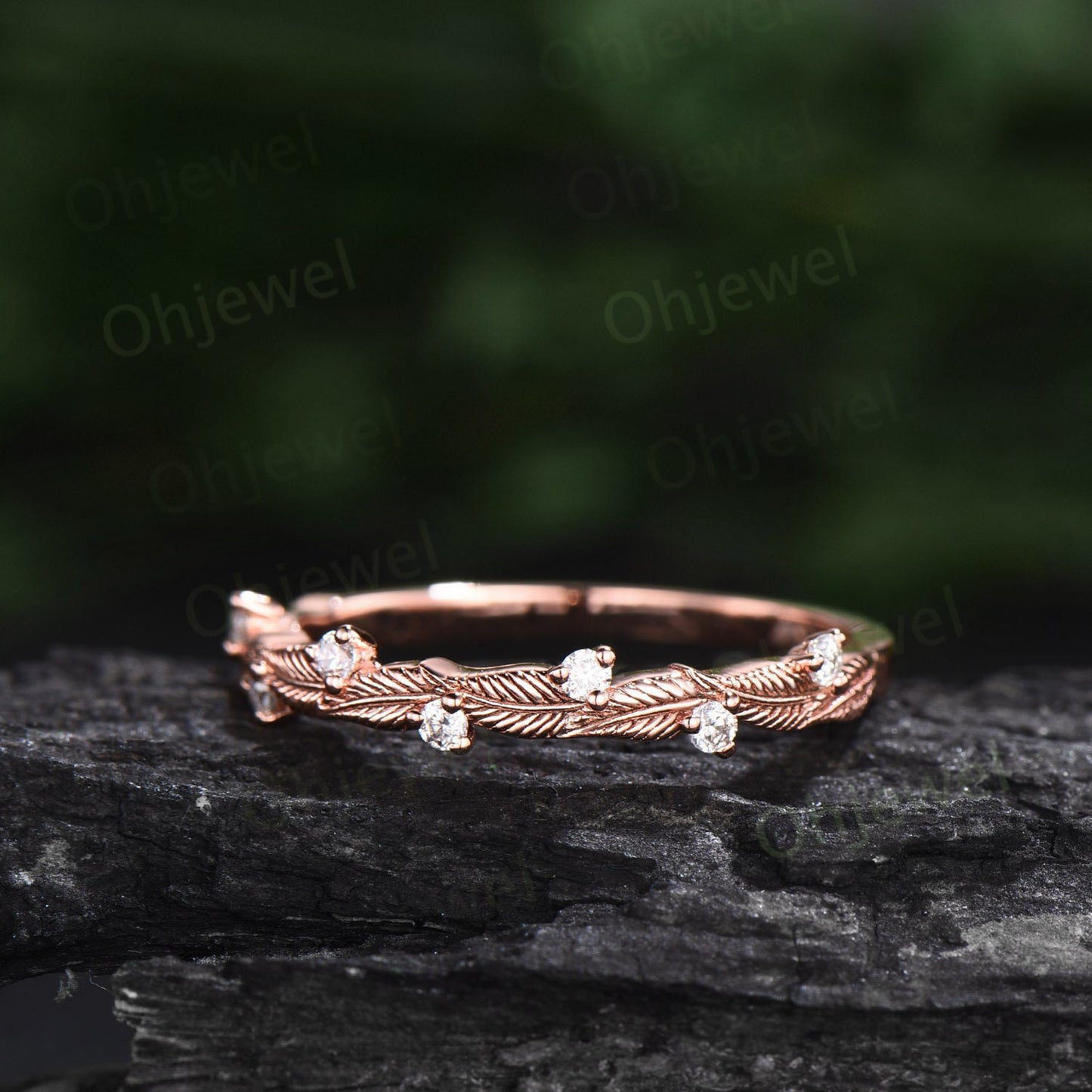 Twig diamond wedding band 14k rose gold branches leaf nature inspired wedding ring band unique vintage anniversary ring women gift for her