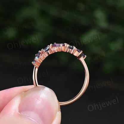 Baguette cut Alexandrite ring vintage solid 14k rose gold dainty moissanite wedding ring band women unique anniversary ring gift
