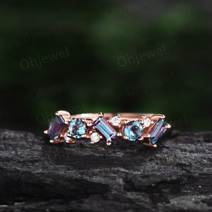 Baguette cut Alexandrite ring vintage solid 14k rose gold dainty moissanite wedding ring band women unique anniversary ring gift