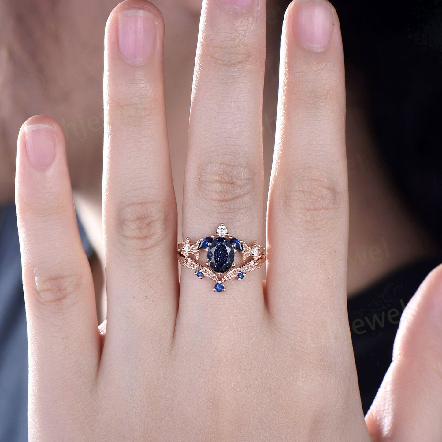 Vintage oval blue sandstone engagement ring set rose gold twig marquise cut sapphire ring branch leaf moissanite anniversary ring set women