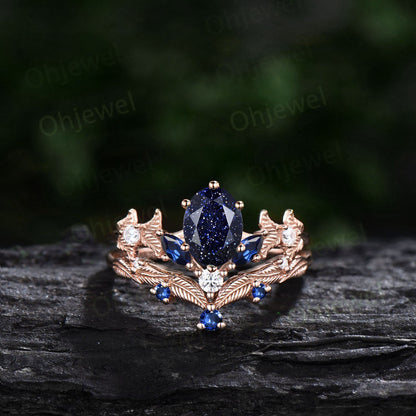 Vintage oval blue sandstone engagement ring set rose gold twig marquise cut sapphire ring branch leaf moissanite anniversary ring set women