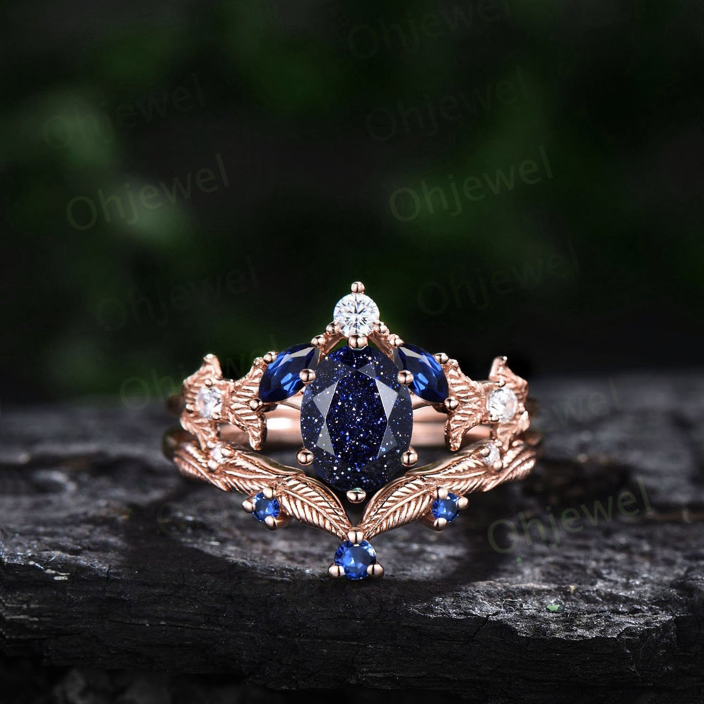 Vintage oval blue sandstone engagement ring set rose gold twig marquise cut sapphire ring branch leaf moissanite anniversary ring set women