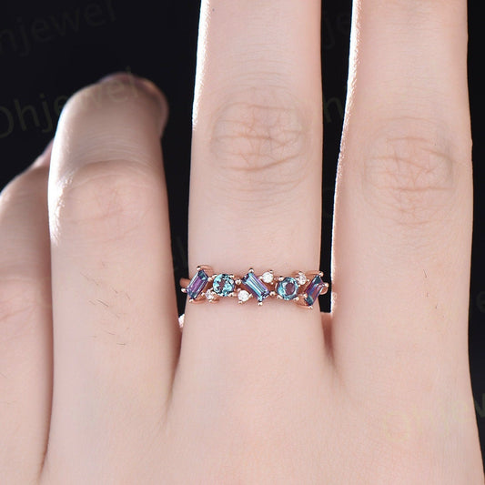 Baguette cut Alexandrite ring vintage solid 14k rose gold dainty moissanite wedding ring band women unique anniversary ring gift