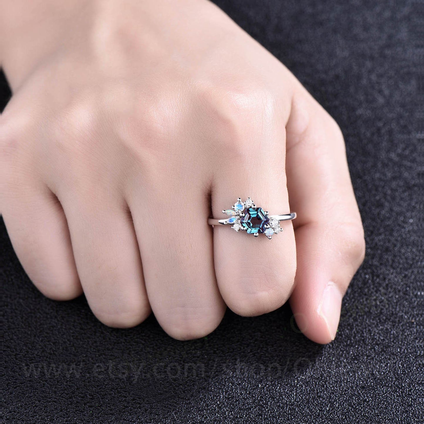 Hexagon cut Alexandrite engagement ring 14k rose gold marquise cut moonstone opal ring vintage diamond wedding anniversary ring women gift