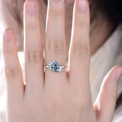 Pear shaped Alexandrite engagement ring 14k rose gold marquise cut moonstone opal ring vintage diamond wedding anniversary ring women gift