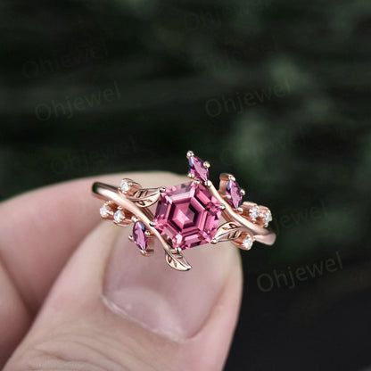 Hexagon cut Pink Tourmaline engagement ring 14k rose gold Nature inspired leaf twig diamond ring women cluster alexandrite ring silver gift