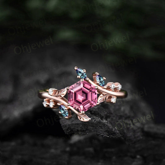 Hexagon cut Pink Tourmaline engagement ring 14k rose gold Nature inspired leaf twig diamond ring women cluster alexandrite ring silver gift