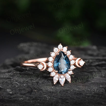 Dainty pear shaped London blue topaz ring unique engagement ring rose gold vintage style ring halo moissanite anniversary ring women gift
