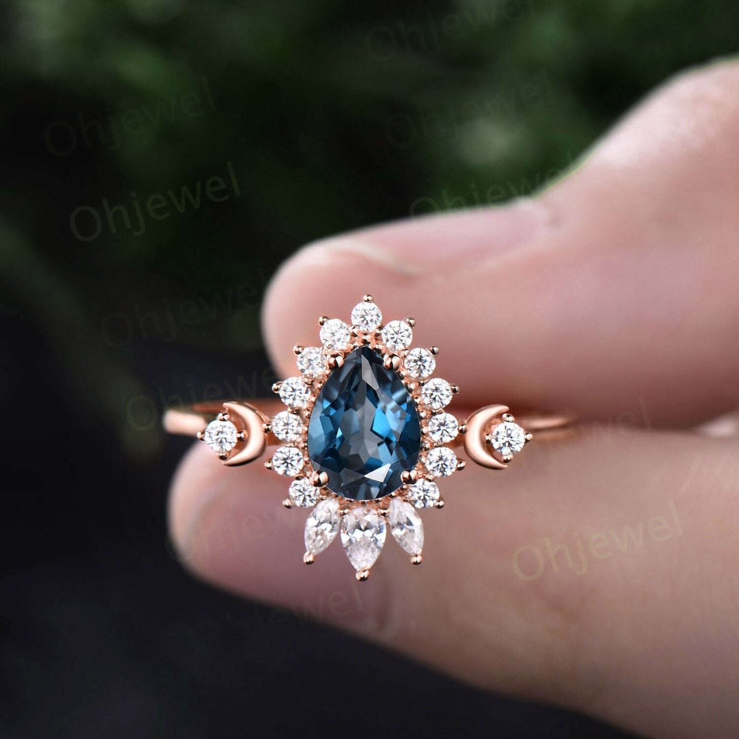 Dainty pear shaped London blue topaz ring unique engagement ring rose gold vintage style ring halo moissanite anniversary ring women gift