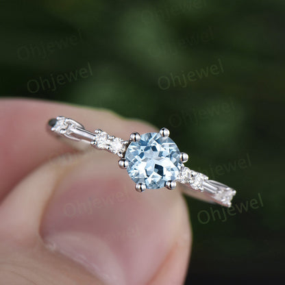 Dainty round cut aquamarine ring gold vintage unique aquamarine engagement ring white gold six prong 7 stone diamond wedding ring for women