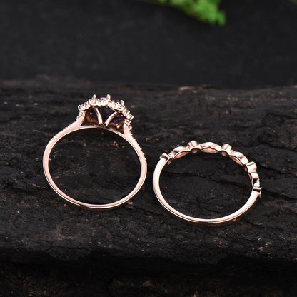 2ct round Amethyst ring rose gold vintage unique Amethyst engagement ring set halo snowdrift moissanite bridal anniversary ring set women