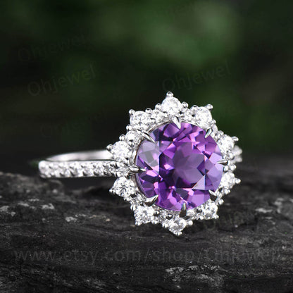 2ct round Amethyst ring rose gold vintage unique Amethyst engagement ring set halo snowdrift moissanite bridal anniversary ring set women