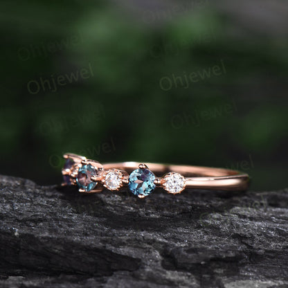 Vintage round cut Alexandrite ring 14k rose gold moissanite ring sterling silver unique engagement ring women dainty anniversary ring gift