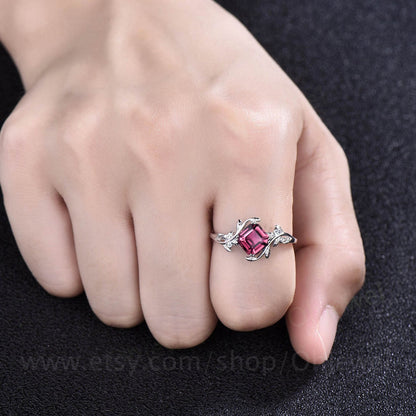 Twig Asscher cut Pink Tourmaline engagement ring 14k rose gold leaf branch three stone diamond ring unique promise wedding ring women gift