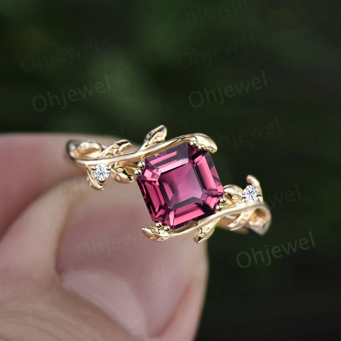 Twig Asscher cut Pink Tourmaline engagement ring 14k rose gold leaf branch three stone diamond ring unique promise wedding ring women gift