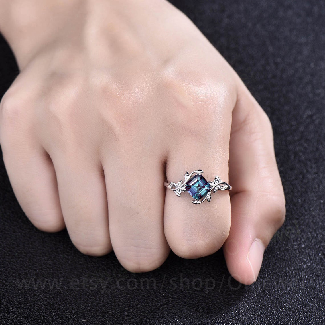 Twig Asscher cut Alexandrite engagement ring 14k rose gold leaf branch three stone diamond ring unique promise wedding ring for women gift