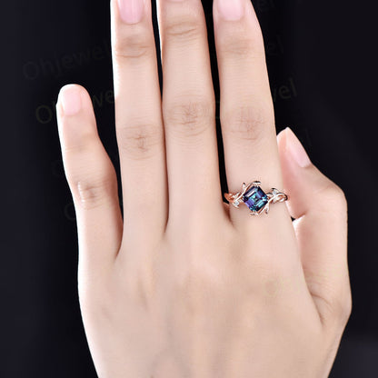 Twig Asscher cut Alexandrite engagement ring 14k rose gold leaf branch three stone diamond ring unique promise wedding ring for women gift
