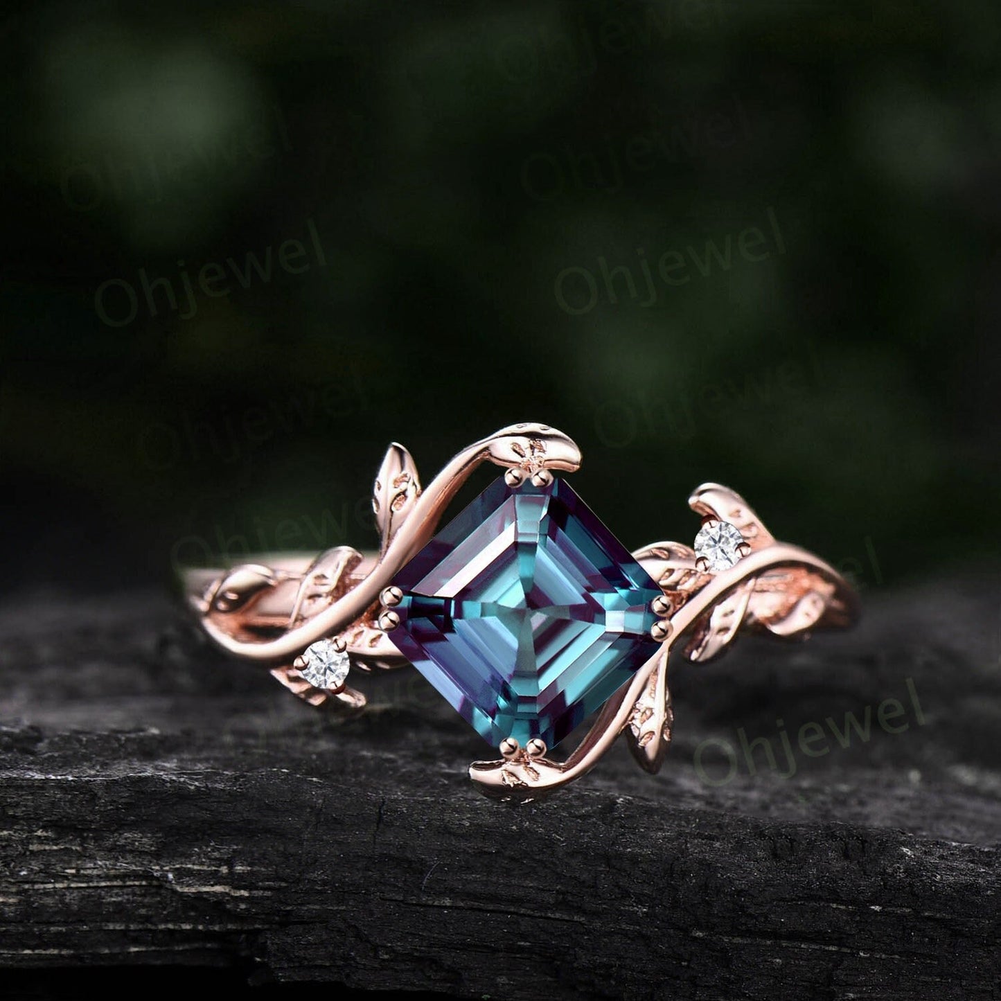 Twig Asscher cut Alexandrite engagement ring 14k rose gold leaf branch three stone diamond ring unique promise wedding ring for women gift