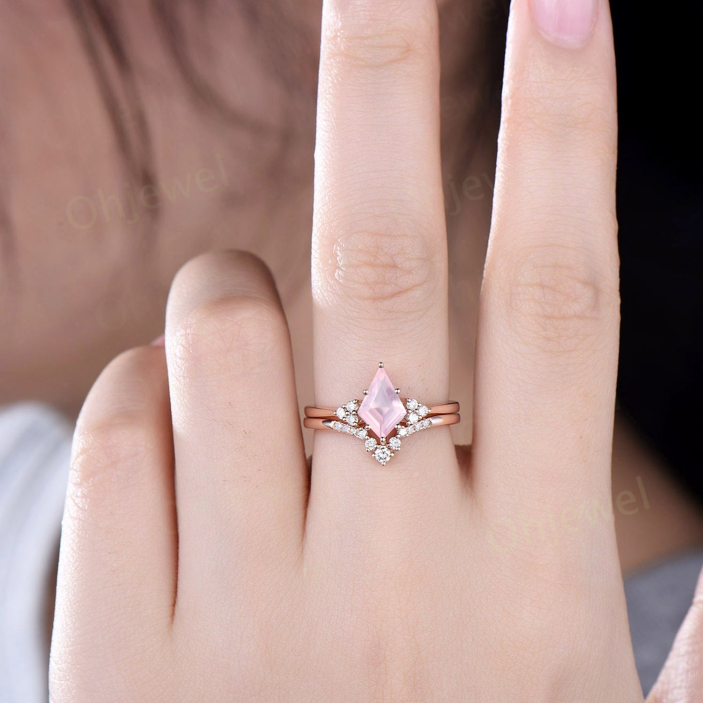 Dainty kite cut rose quartz ring rose gold unique engagement ring set solid 14k rose gold Minimalist diamond anniversary ring set women gift