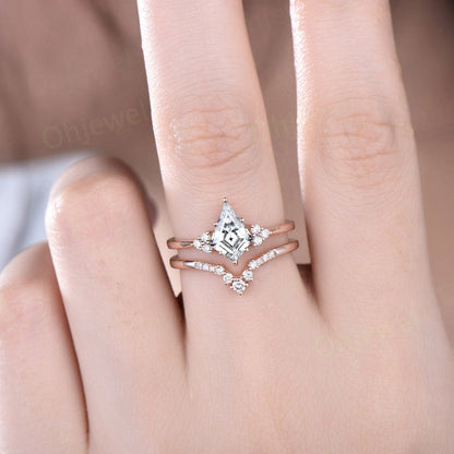 Dainty kite cut moissanite engagement ring set solid 14k rose gold Minimalist diamond ring for women unique promise bridal ring set gift