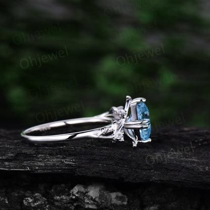Twig Asscher cut Sky blue topaz engagement ring 14k rose gold leaf branch three stone diamond ring unique promise wedding ring women gift
