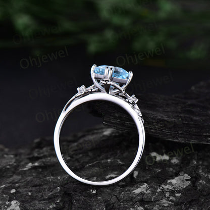 Twig Asscher cut Sky blue topaz engagement ring 14k rose gold leaf branch three stone diamond ring unique promise wedding ring women gift