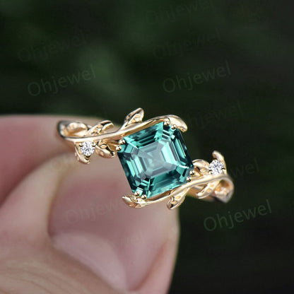 Twig Asscher cut teal green sapphire engagement ring 14k rose gold leaf branch three stone diamond ring unique promise wedding ring women