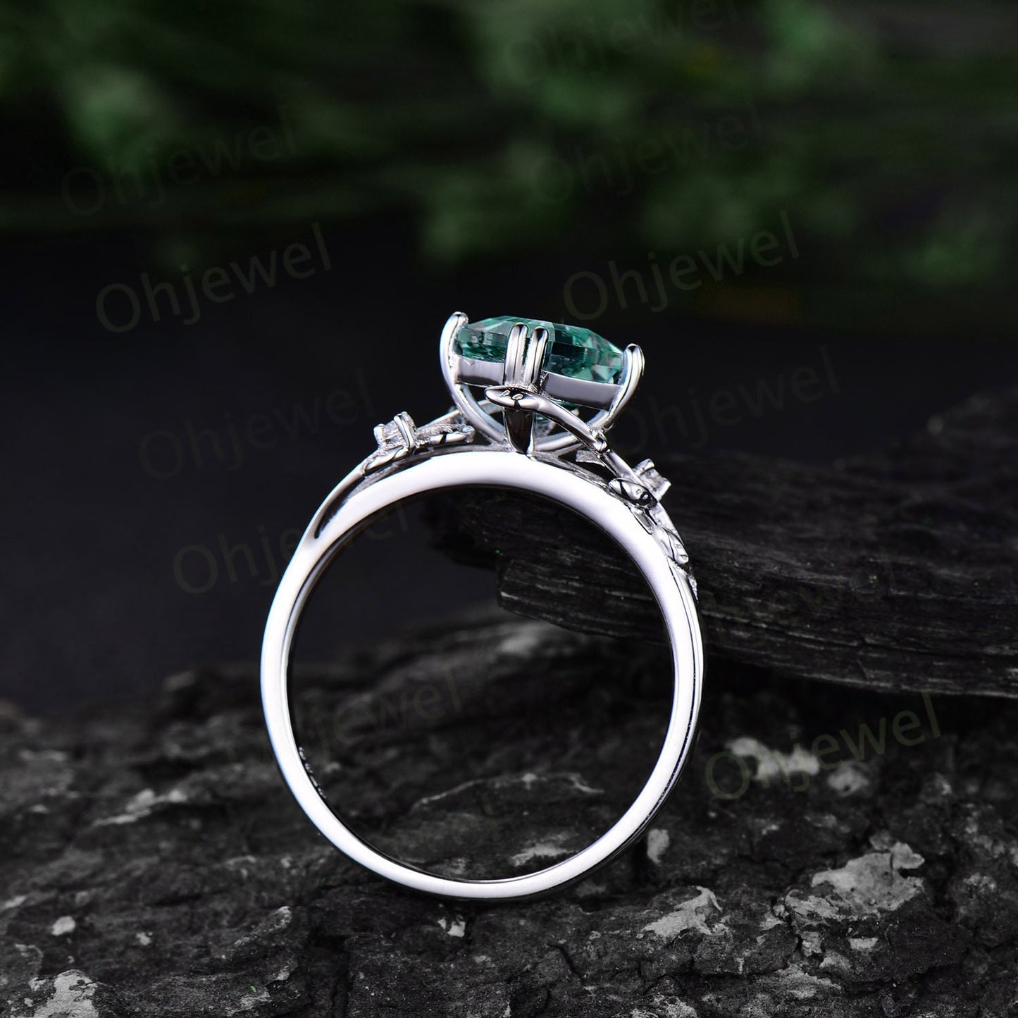 Twig Asscher cut teal green sapphire engagement ring 14k rose gold leaf branch three stone diamond ring unique promise wedding ring women