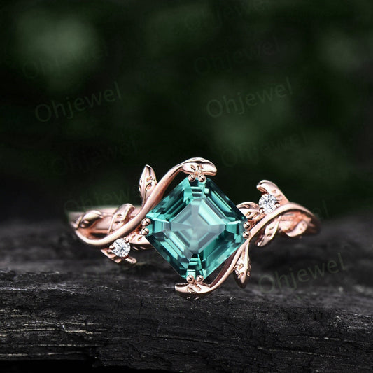 Twig Asscher cut teal green sapphire engagement ring 14k rose gold leaf branch three stone diamond ring unique promise wedding ring women