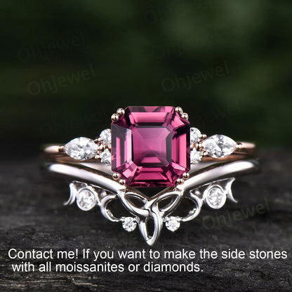 Unique Asscher cut Pink Tourmaline engagement ring set solid 14k rose gold art deco diamond wedding bridal ring set for women fine jewelry