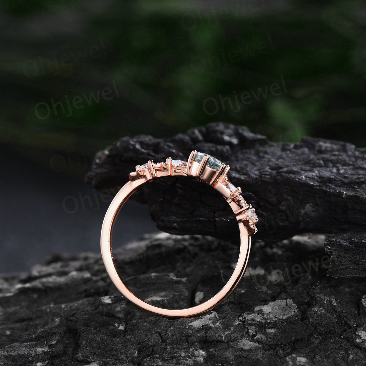 Twig oval cut green moss agate engagement ring set rose gold branch leaf diamond ring art deco unique promise wedding ring set for women