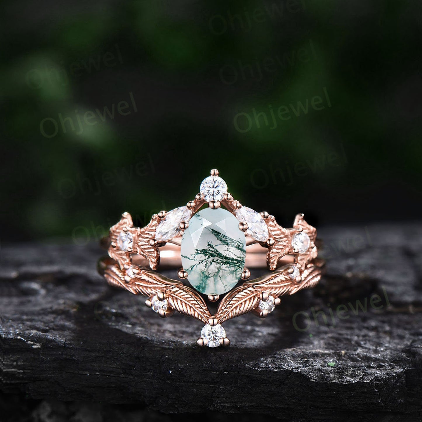 Twig oval cut green moss agate engagement ring set rose gold branch leaf diamond ring art deco unique promise wedding ring set for women