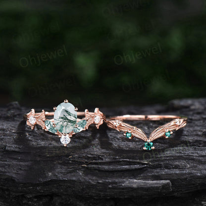 Vintage oval green moss agate engagement ring set rose gold marquise cut ring branch leaf diamond bridal anniversary ring set women gift