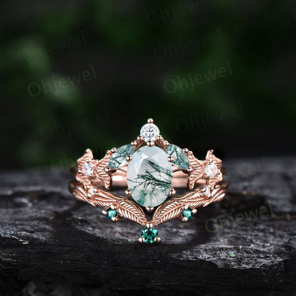 Vintage oval green moss agate engagement ring set rose gold marquise cut ring branch leaf diamond bridal anniversary ring set women gift