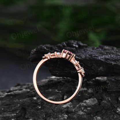 Twig oval cut Pink Tourmaline engagement ring set 14k rose gold branch leaf diamond ring art deco unique promise wedding ring set for women