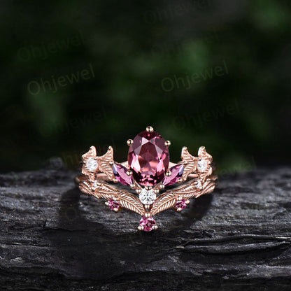 Twig oval cut Pink Tourmaline engagement ring set 14k rose gold branch leaf diamond ring art deco unique promise wedding ring set for women