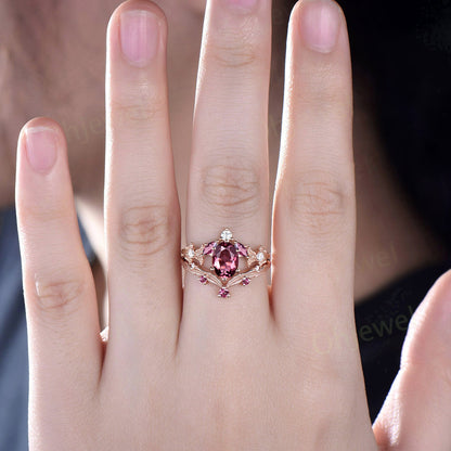 Twig oval cut Pink Tourmaline engagement ring set 14k rose gold branch leaf diamond ring art deco unique promise wedding ring set for women