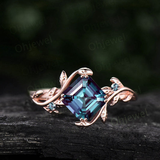 Twig Asscher cut Alexandrite engagement ring 14k rose gold leaf branch three stone diamond ring unique promise wedding ring for women gift